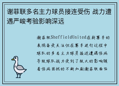 谢菲联多名主力球员接连受伤 战力遭遇严峻考验影响深远