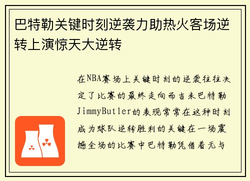 巴特勒关键时刻逆袭力助热火客场逆转上演惊天大逆转